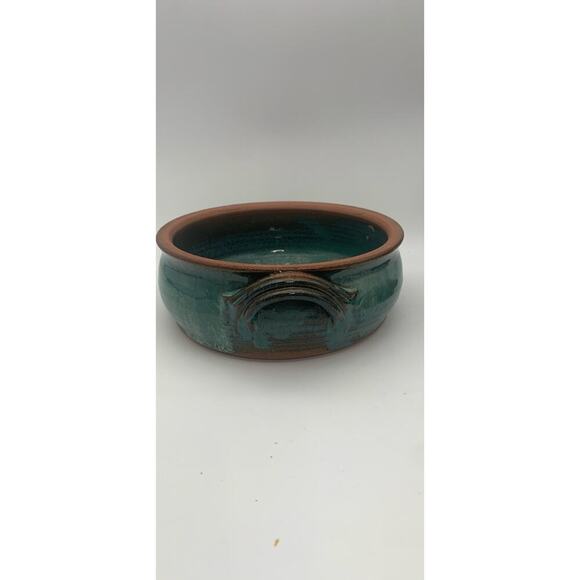 Vintage Signed Art Pottery Bowl Blue Drop Glaze Handles 8+ Inches Wide - Picture 3 of 7